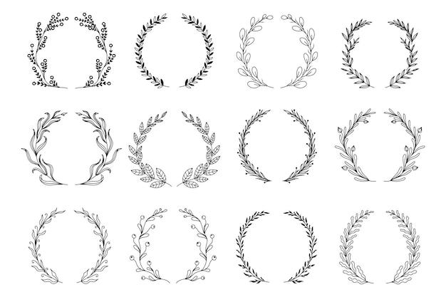 Ornamental branch wreathes set in hand drawn design Laurel leaves wreath and decorative branch