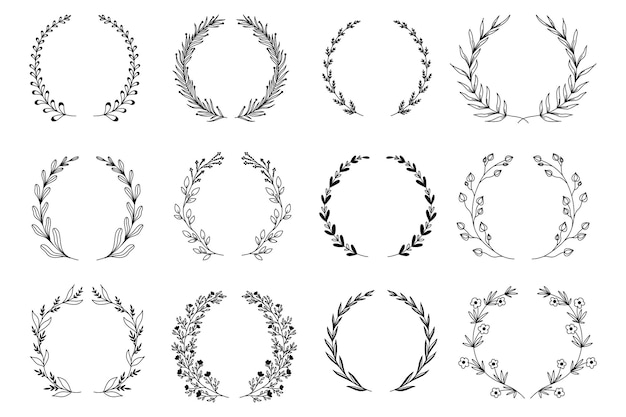 Ornamental branch wreathes set in hand drawn design laurel leaves wreath and decorative branch