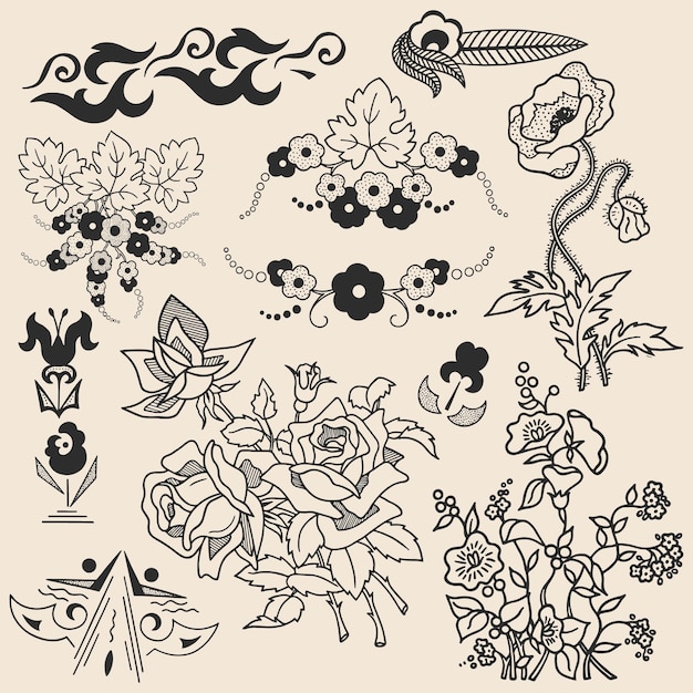 観賞用の古典的な花のパターン テクスチャ アール ヌーボー オリエンタル ベクトル イラスト アイコン セット 3