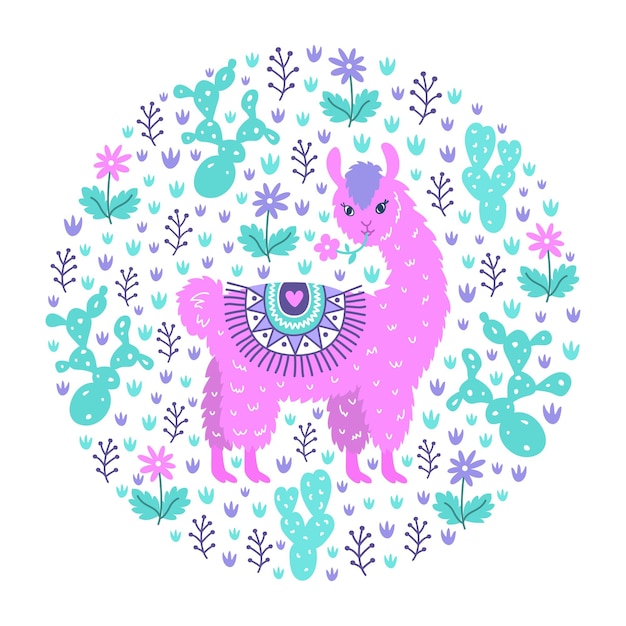 Vector ornamental design pattern. cute hand drawn lama on the floral cactus background