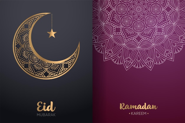 Ornamental Eid Mubarak and Ramadan Kareem card with mandala and crescent moon.