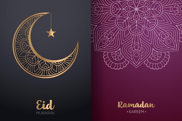 Ornamental Eid Mubarak and Ramadan Kareem card with mandala and crescent moon.