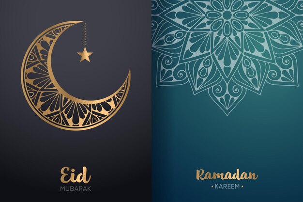 Ornamental Eid Mubarak and Ramadan Kareem card with mandala and crescent moon.