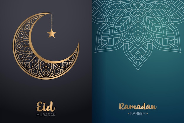 Ornamental Eid Mubarak and Ramadan Kareem card with mandala and crescent moon.