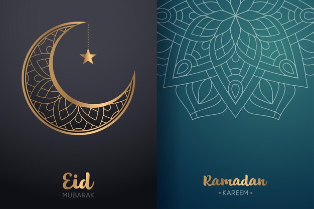 Ornamental Eid Mubarak and Ramadan Kareem card with mandala and crescent moon.