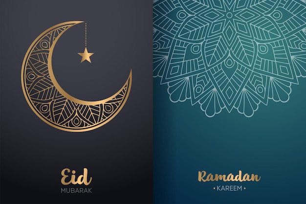 Ornamental Eid Mubarak and Ramadan Kareem card with mandala and crescent moon.