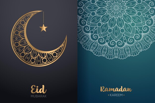 Ornamental Eid Mubarak and Ramadan Kareem card with mandala and crescent moon.