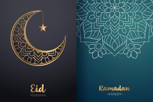 Ornamental Eid Mubarak and Ramadan Kareem card with mandala and crescent moon.