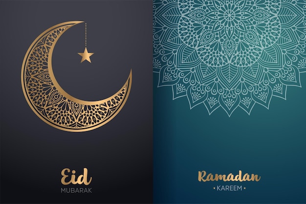 Ornamental Eid Mubarak and Ramadan Kareem card with mandala and crescent moon.