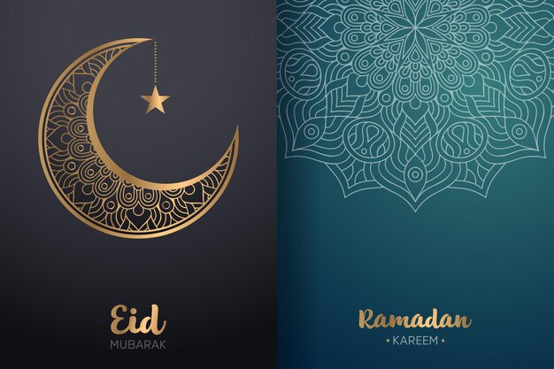 Carta ornamentale eid mubarak e ramadan kareem con mandala e falce di luna.