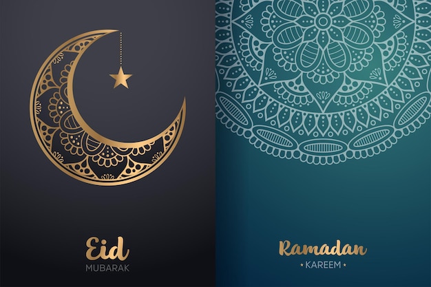 Ornamental Eid Mubarak and Ramadan Kareem card with mandala and crescent moon.