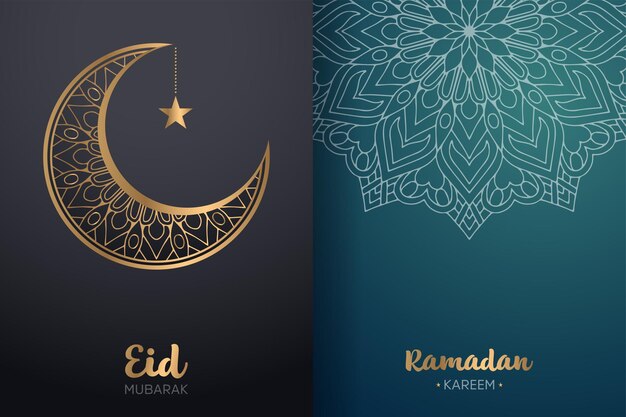 Ornamental eid mubarak and ramadan kareem card with mandala and crescent moon.