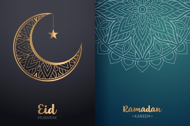 Ornamental eid mubarak and ramadan kareem card with mandala and crescent moon.