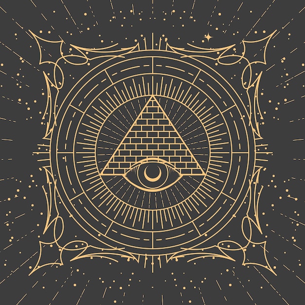 Vector ornamental frame with pyramid and allseeing eye freemason sign and tarot style esoteric patterns