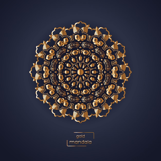 Ornamental gold flower oriental mandala on dark blue color backg