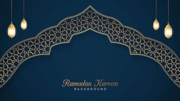 Ornamental islamic  blue arch pattern background with arabic style lanterns