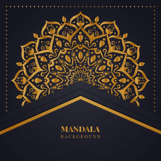 Ornamental islamic golden color mandala background design on dark background.