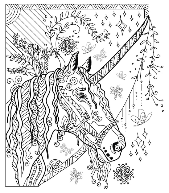 Ornamental unicorn adult anti stress coloring book page. Vector illustration.