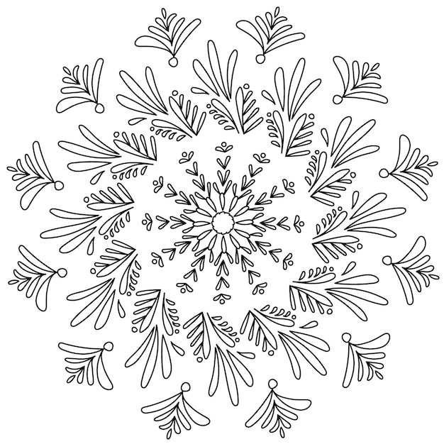 Ornate air doodle snowflake mandala with small beams antistress coloring page zen shaped round frame