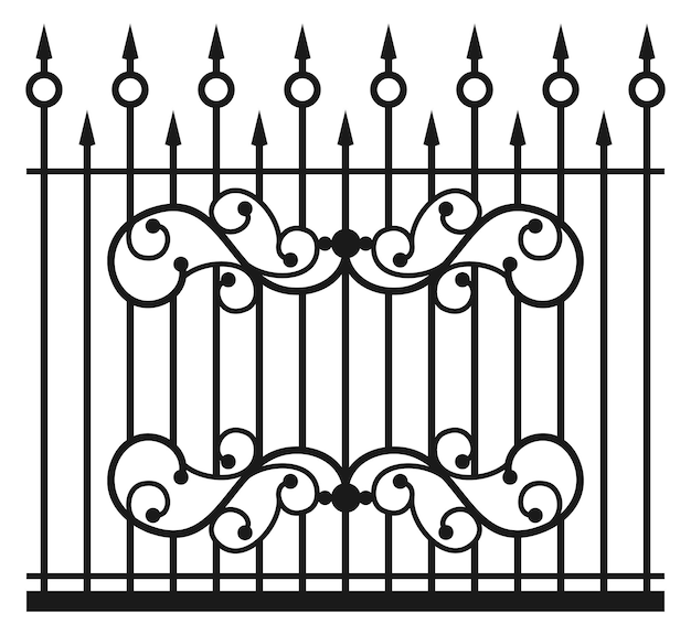 Украшенный классический кованый забор черный железный перила изолирован на белом фоне