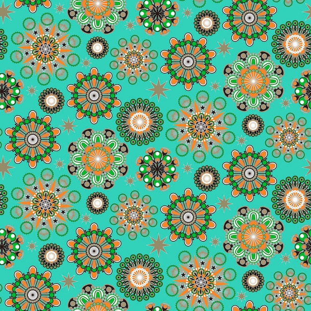 Ornate colorful seamless floral pattern over turquoise background