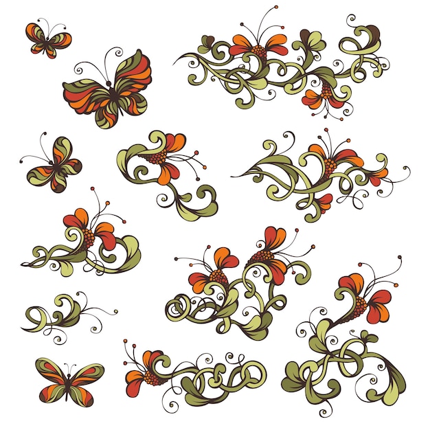 Ornate flowers and butterflies set