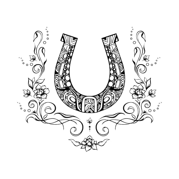 Ornate horseshoe with flowers and flourishes around sketchy ink hand drawn design Grungy tattoo