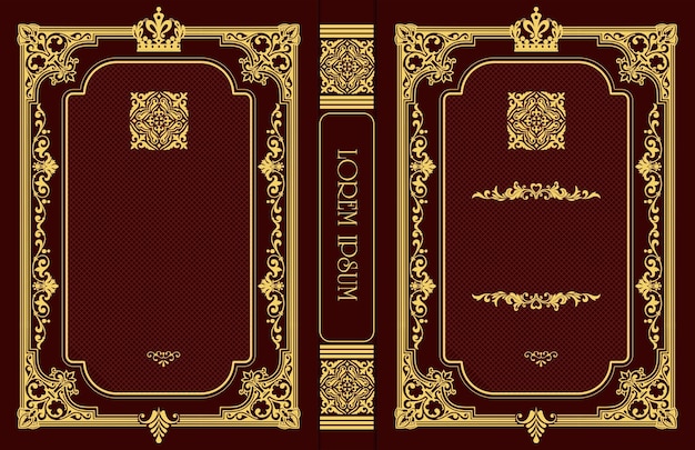 Изысканная кожаная обложка книги и старые ретро-орнаменты. Королевский золотой стиль. Винтажная граница для печати на обложках книг. Векторная иллюстрация