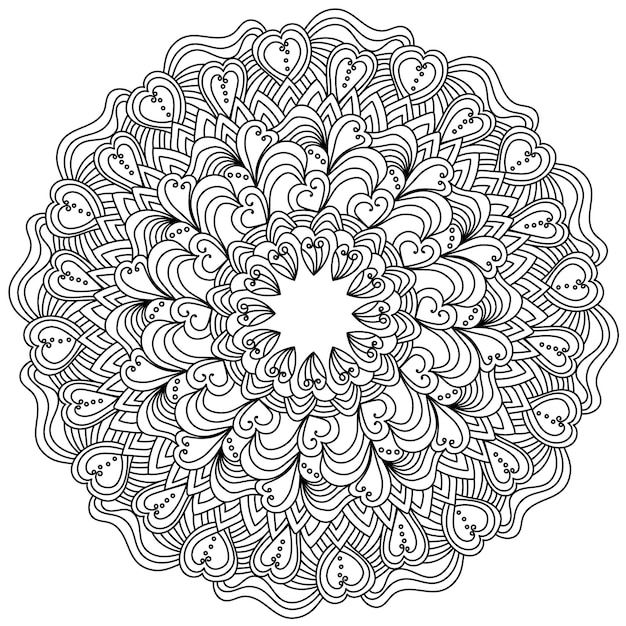 Ornate mandala with hearts for valentine's day antistress coloring page in round frame