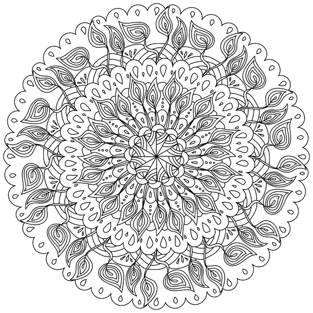 Ornate mandala with peacock feathers meditative coloring page in the shape of a fantasy circle with patterns