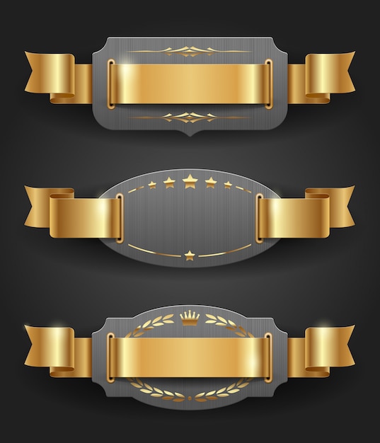 Vector ornate metal frames with golden decor and ribbons