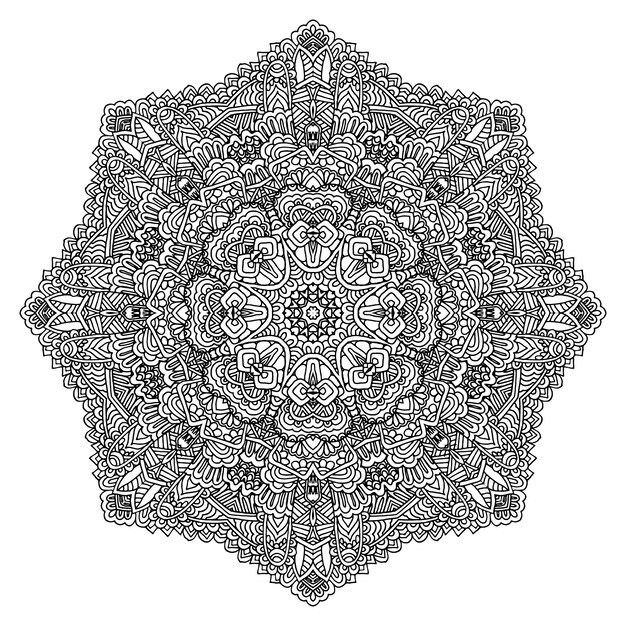 Ornate outline mandala adult coloring page with flower. round, ornament isolated on a white background. Anti stress therapy.