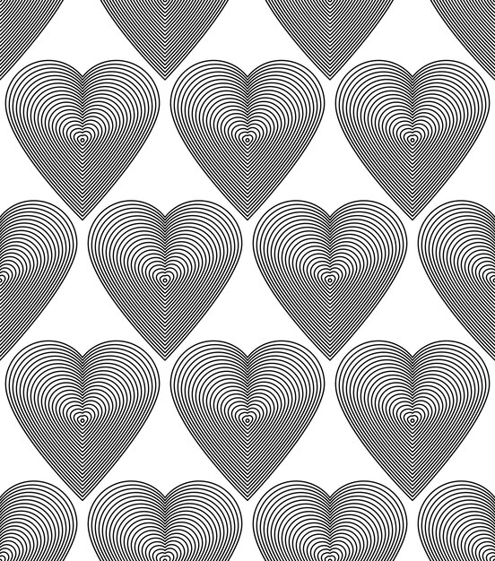 Ornate vector monochrome abstract background with black lines. Symmetric decorative pattern, geometric Valentine theme illustration decorated with romantic hearts.