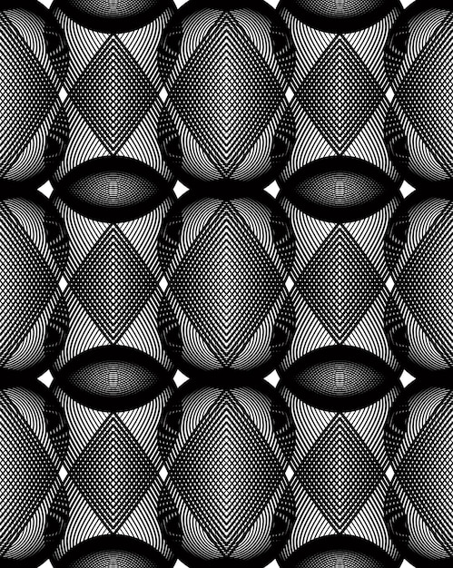 Fondo astratto monocromatico di vettore ornato con linee nere sovrapposte. motivo grafico decorativo simmetrico, illustrazione geometrica a righe.