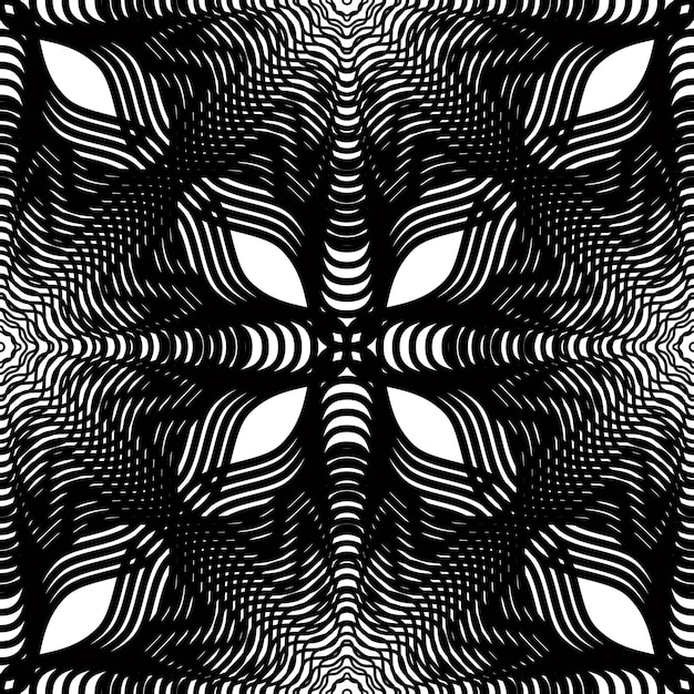 Богато украшенный векторный монохромный абстрактный фон с перекрывающимися черными линиями. Симметричный декоративный графический узор, геометрическая полосатая иллюстрация.