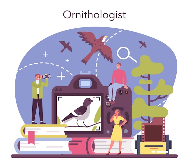 Ornithologist concept. Professional scientist study birds. Zoologist research, naturalist working with bird. Isolated vector illustration