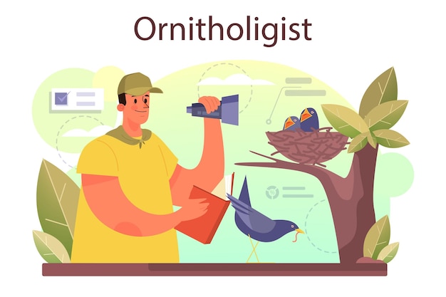Концепция орнитолога. Профессиональные ученые изучают птиц. Зоолог-исследователь, натуралист, работающий с птицей. Отдельные векторные иллюстрации