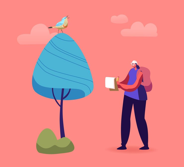 Vector ornithologist female character writing notes while watching bird on tree