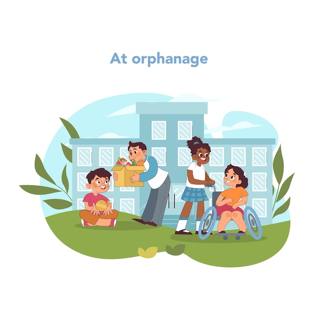 Orphan support concept caring kids deliver toys and joy to orphanage cultivating happiness and