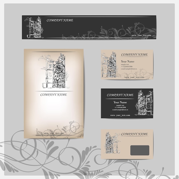 ?orporate identity template design. business cards design with sketch wrought iron gate. vector illustration