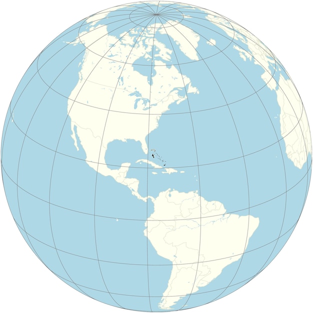 The orthographic projection of the world map with bahamas at its center a country