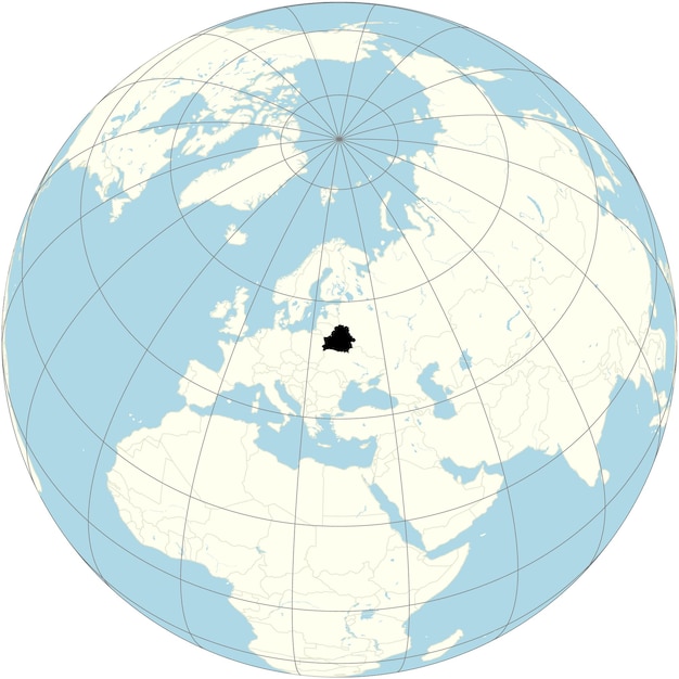 Vector the orthographic projection of the world map with belarus at its center a landlocked country in east