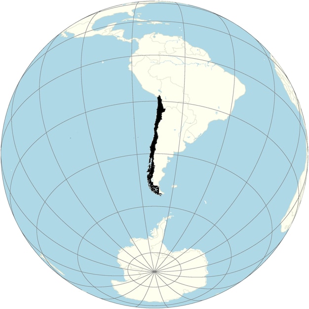 The orthographic projection of the world map with Chile at its center a long narrow country