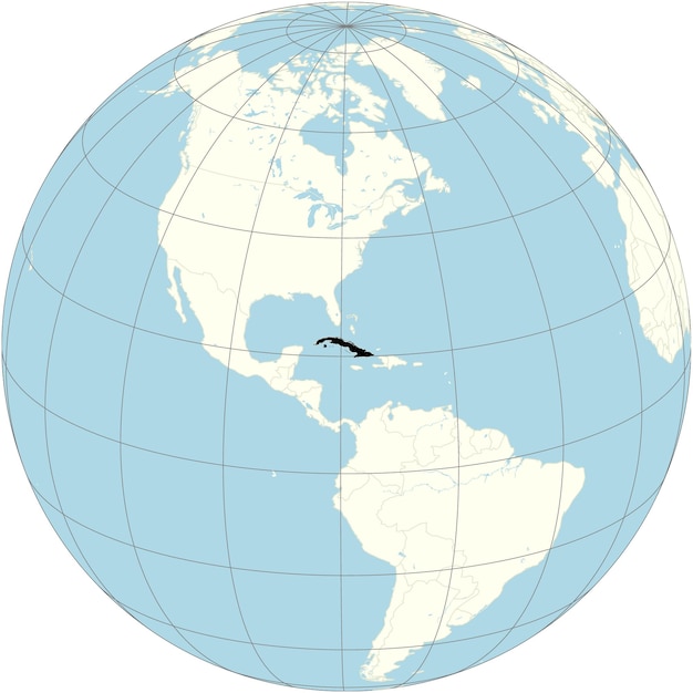 The orthographic projection of the world map with cuba at its center a caribbean island nation under