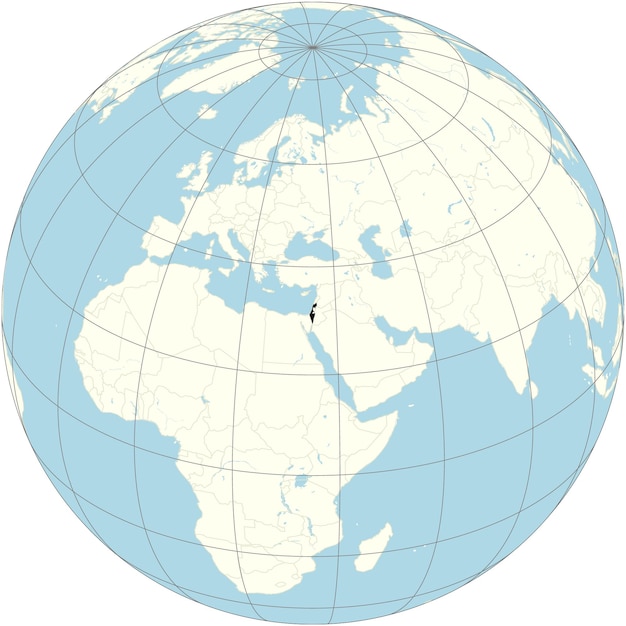 The orthographic projection of the world map with israel at its center a country in the middle east