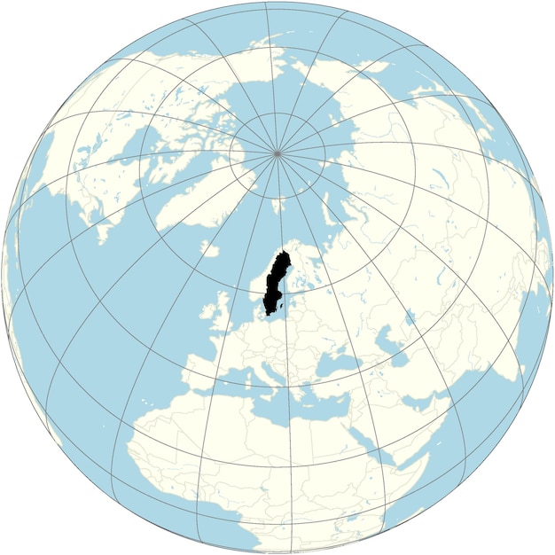 The orthographic projection of the world map with Sweden at its center a Nordic country