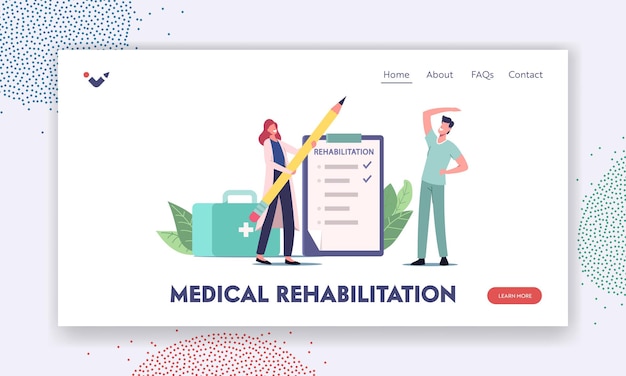 Orthopedic Therapy Rehabilitation Landing Page Template. Therapist Doctor Character Working With Disabled Patient, Rehabilitating Activity, Exercises, Procedures. Cartoon People Vector Illustration