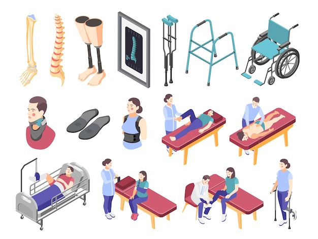 Vector orthopedics clinic set with equipment and treatment symbols isometric isolated vector illustration