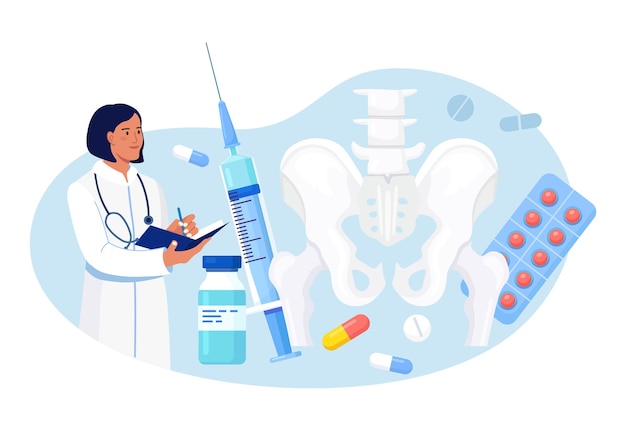 Orthopedische traumatologie en traumachirurgie. Vertebrologist onderzoeken menselijke wervel. Dokter bezig met lagere wervelkolom, heupgewricht skelet, bekkenletsel inspectie. Diagnostiek van ruggengraatziekte