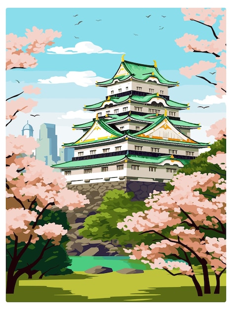 Вектор Япония осака винтажный туристический плакат сувенир почтовая карточка портретная живопись иллюстрация wpa